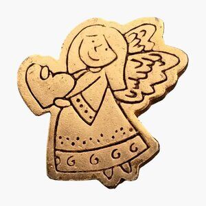 Christmas Angel Pins Pinback Holding Heart Folk Art Vintage Gold Holiday Jewelry